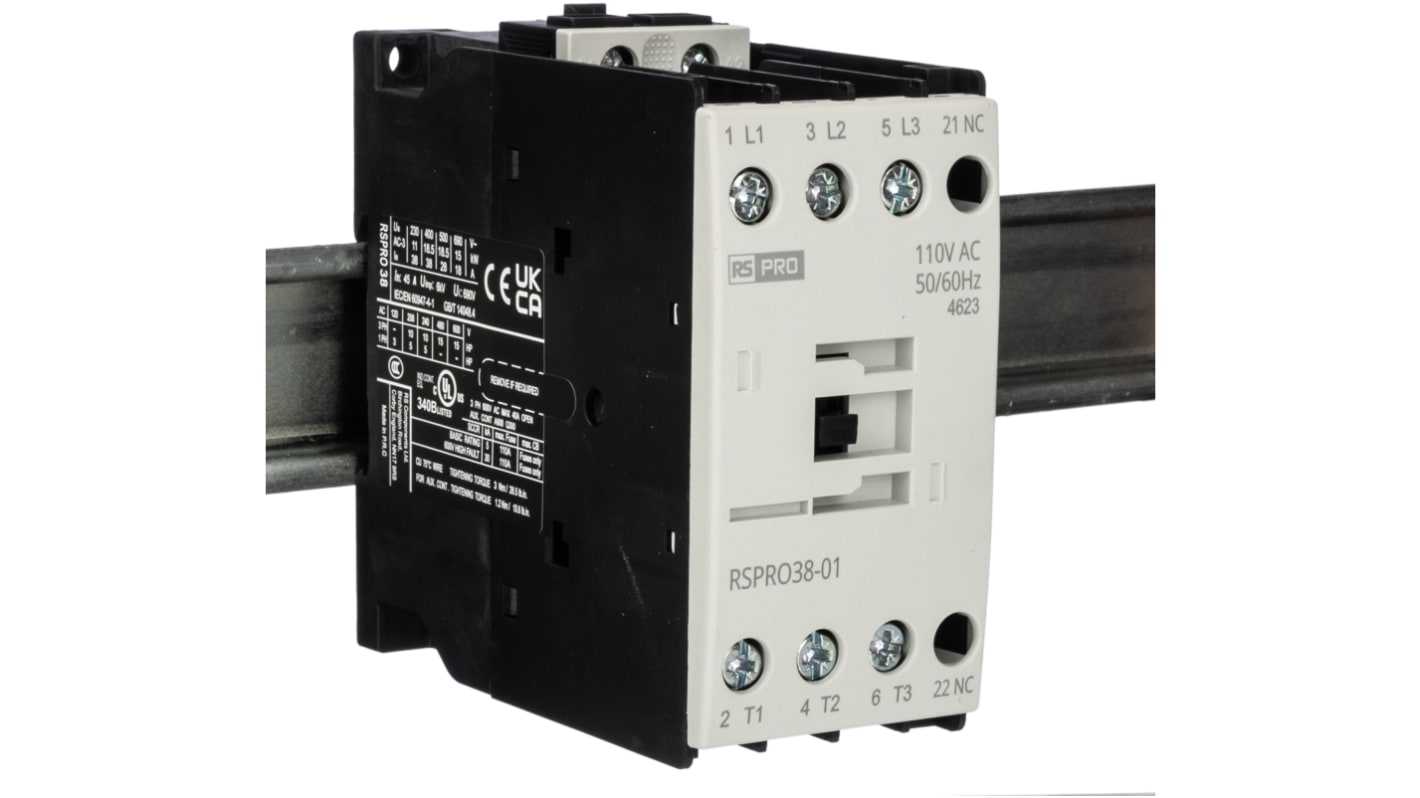 Contactor RS PRO RSPRO38-01 de 3 polos, 1 NC, 38 A, bobina 110 V ca, 18,5 kW