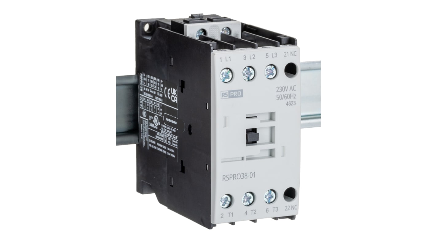 RS PRO RSPRO38-01 Leistungsschütz 230 V ac-Spule, 3 -polig , 690 V / 38 A 18,5 kW 1 Öffner 1-Hilfskontakte