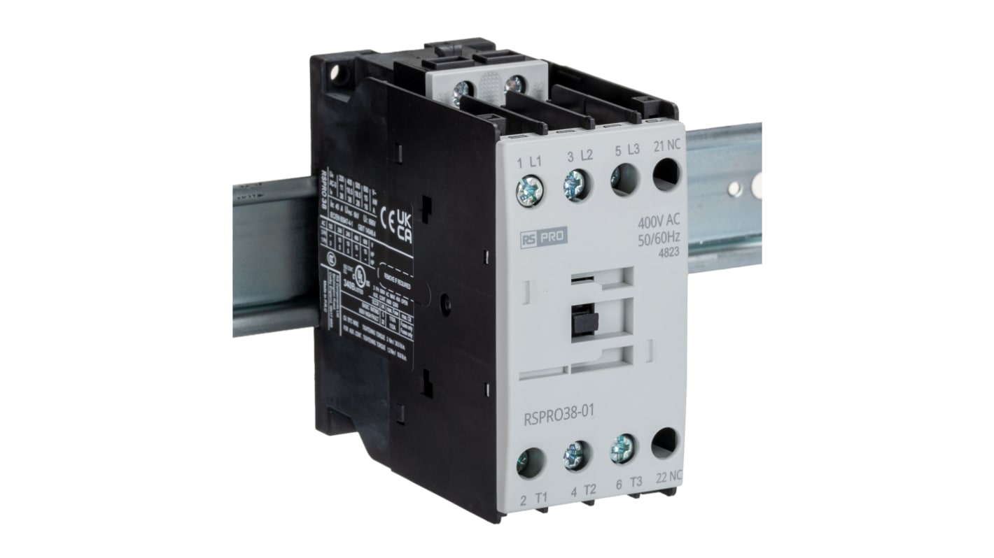 Contactor RS PRO RSPRO38-01 de 3 polos, 1 NC, 38 A, bobina 400 V CA, 18,5 kW