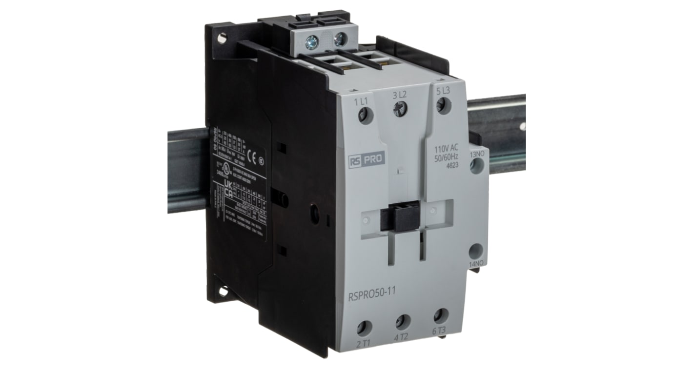 RS PRO RSPRO50-11 Leistungsschütz 110 V ac-Spule, 3 -polig , 690 V / 50 A 22 kW 1 Schließer/1 Öffner 2-Hilfskontakte