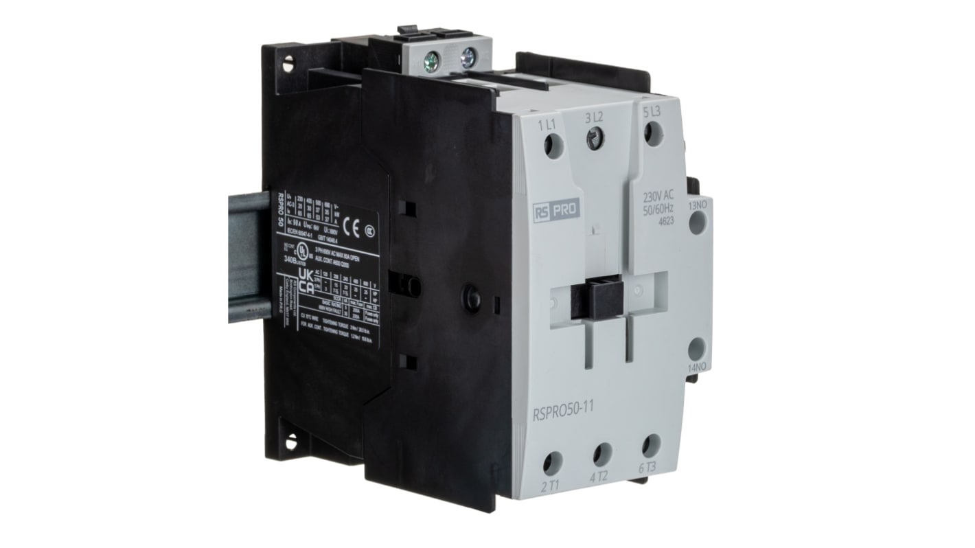 Stycznik 230 V AC RS PRO styki: 3 22 kW 50 A 1NO/1NC Szyna DIN Śruba