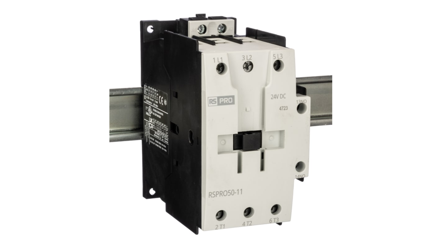 Stycznik 24 V DC RS PRO styki: 3 22 kW 50 A 1NO/1NC Szyna DIN Śruba