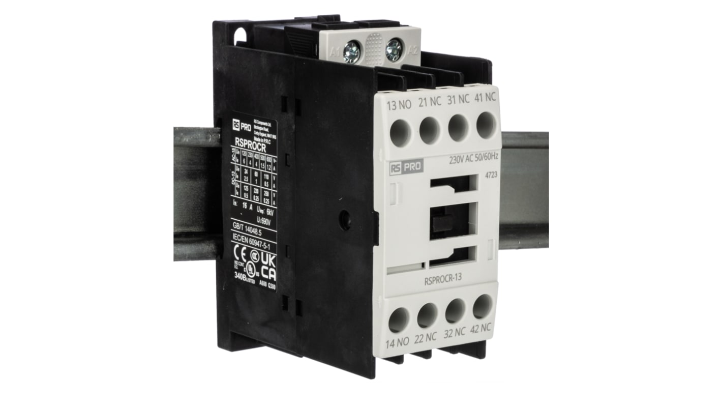RS PRO RSPROCR-13 Contactor, 230 V ac Coil, 1-Pole, 4 A, -, 3NO/1NC, 500 V