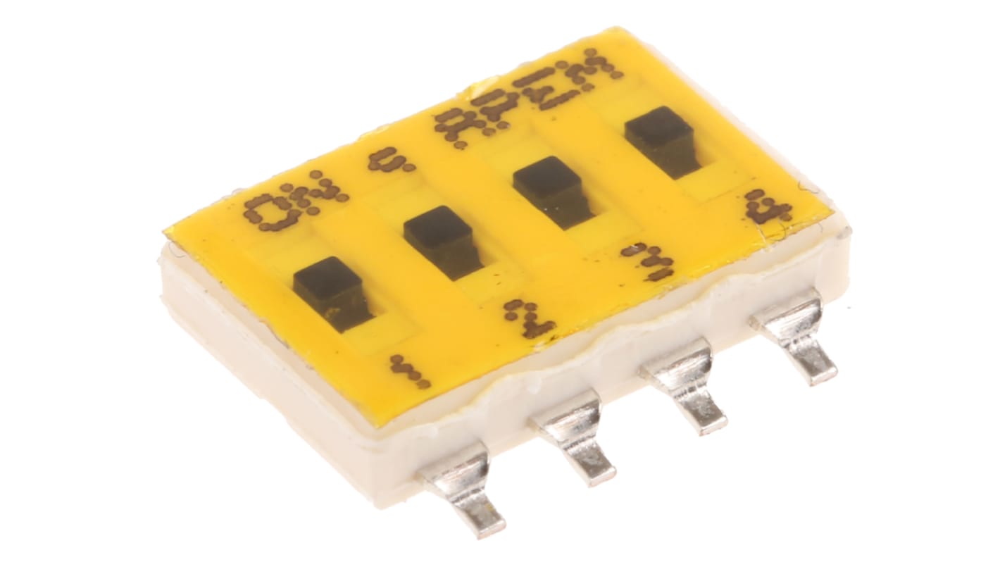 Interruptor DIP, SPST, Montaje superficial, Actuador Deslizante, 100 mA a 24 V dc, 4 vías, -40 → +100°C