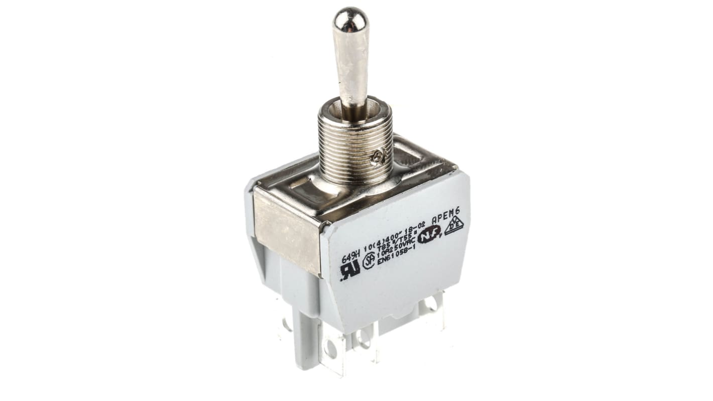 APEM Toggle Switch, Panel Mount, On-Off-On, DPST, Tab Terminal