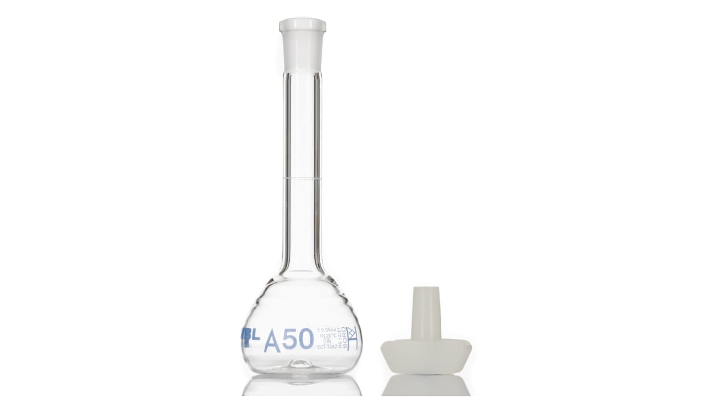 RS PRO Borosilikatglas Laborflasche 50ml Messkolben Enghalsig 140 (H)mm mit Skalenteilung