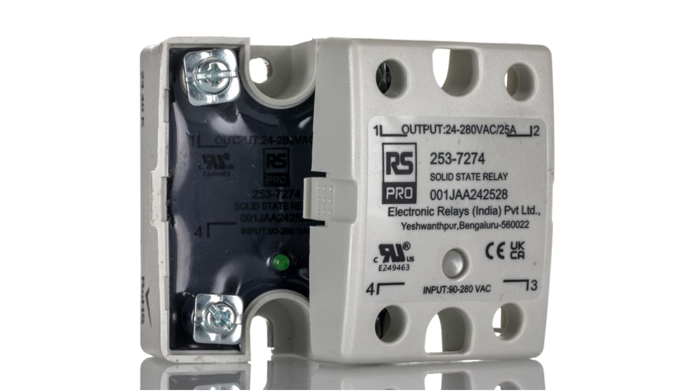 RS PRO 固态继电器, 过零型开关, 最大负载25 A, 280 V 有效值, 面板, 表面安装, SPST