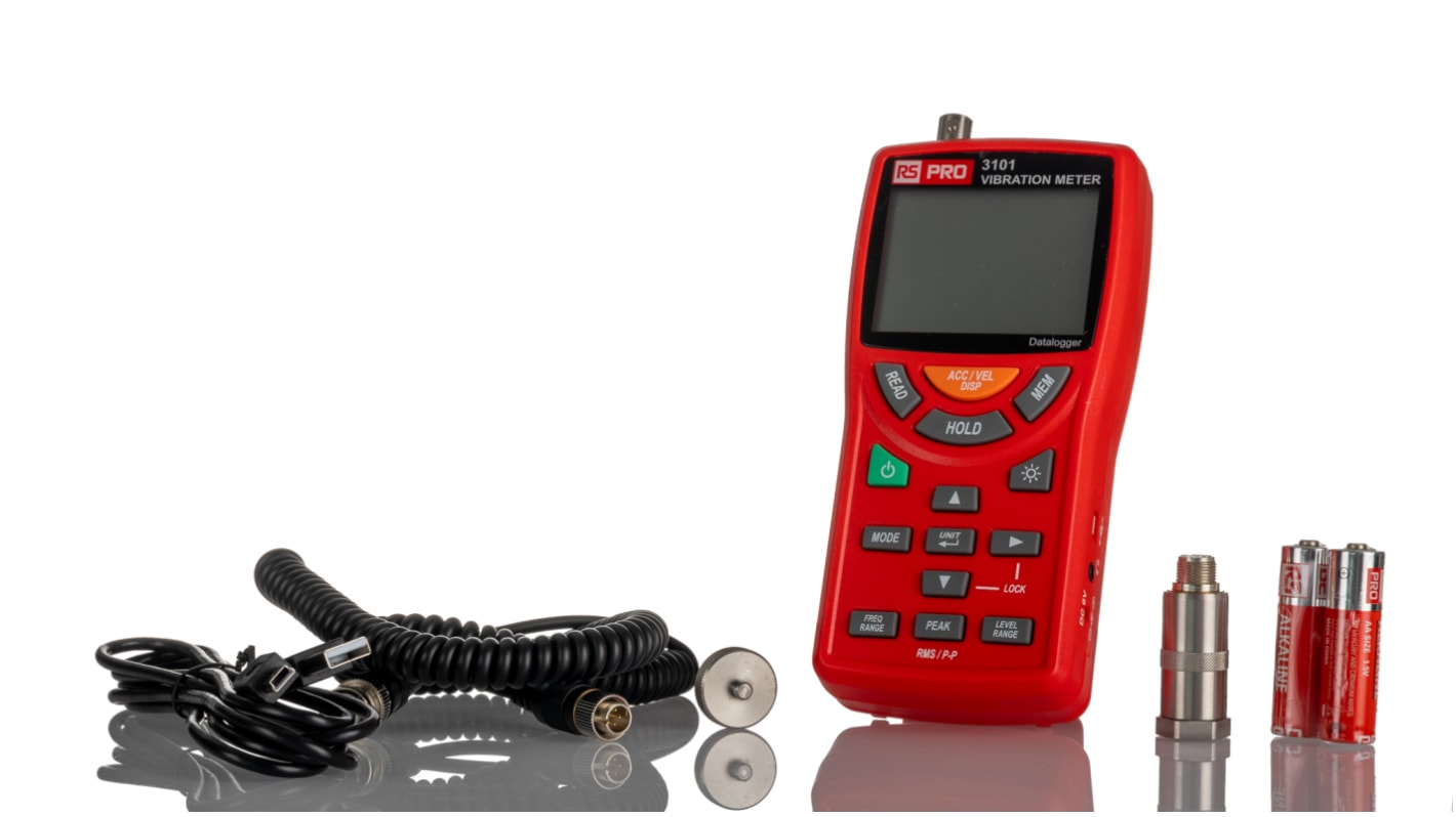 Misuratore di vibrazioni RS PRO 3101, Parametri misurati: Accelerazione, spostamento, velocità, 200 m/s max