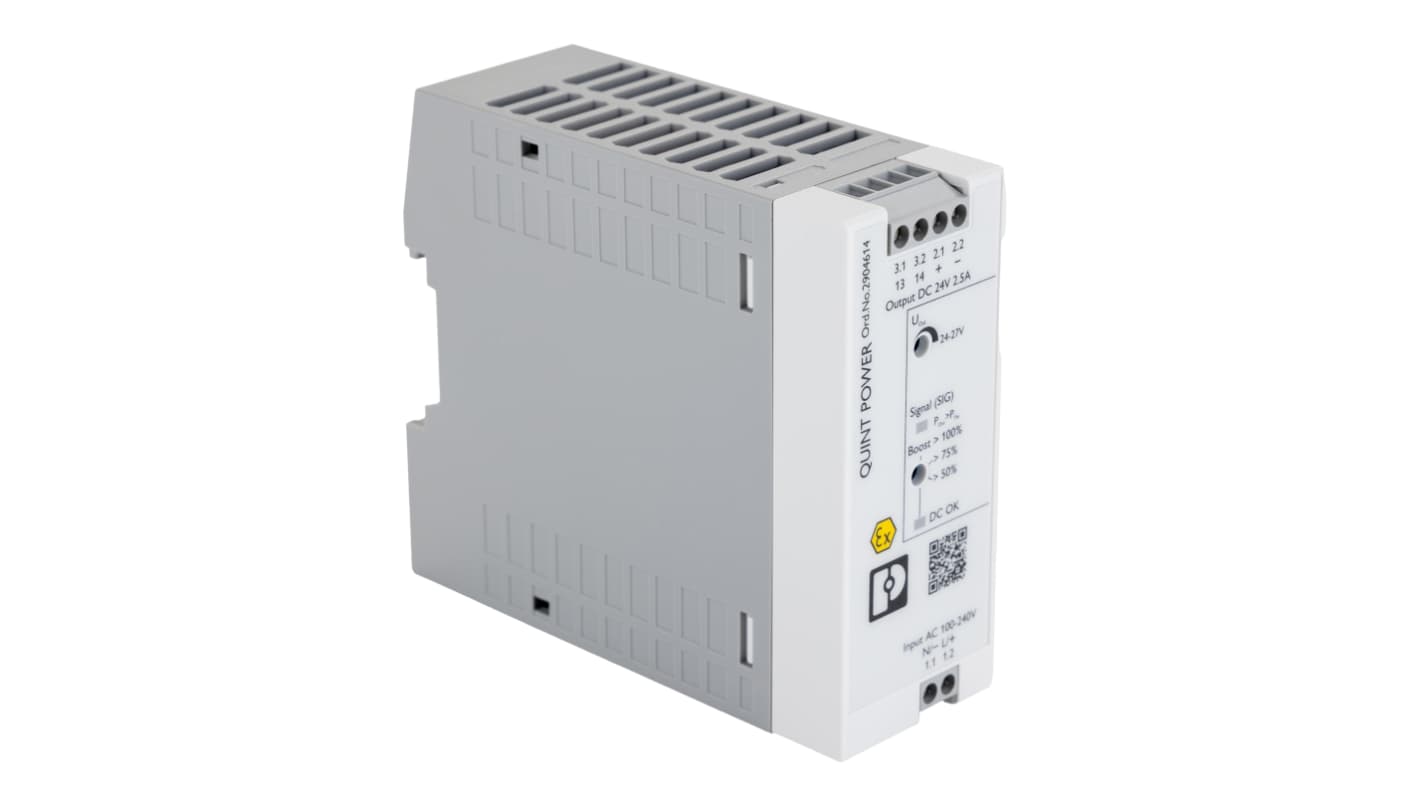 Phoenix Contact AC-DC Power Supply, 2904614, 24V dc, 2.5A, 96W, Dual Output, 100 → 240V ac Input Voltage