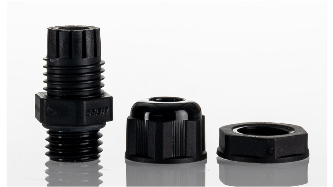 Hammond 1427NCG Series Black Nylon Cable Gland, M12 Thread, 3mm min., 7mm max., IP68