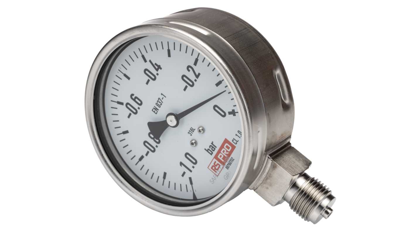 RS PRO G 1/2 Analogue Pressure Gauge 1bar Bottom Entry 100mm Outside Diameter