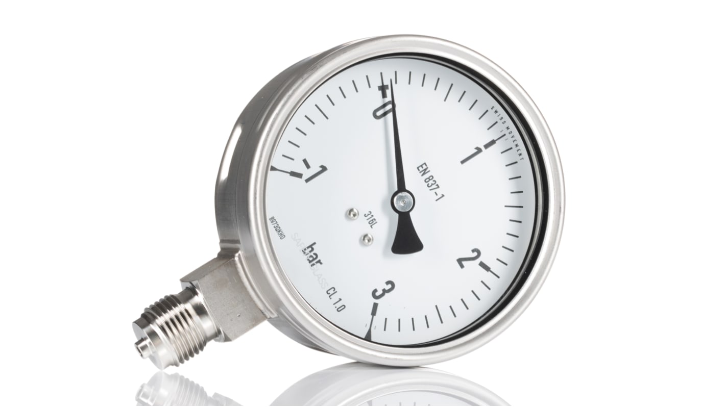 RS PRO Analogue Pressure Gauge 3bar Bottom Entry 100mm Outside Diameter, With RS Calibration