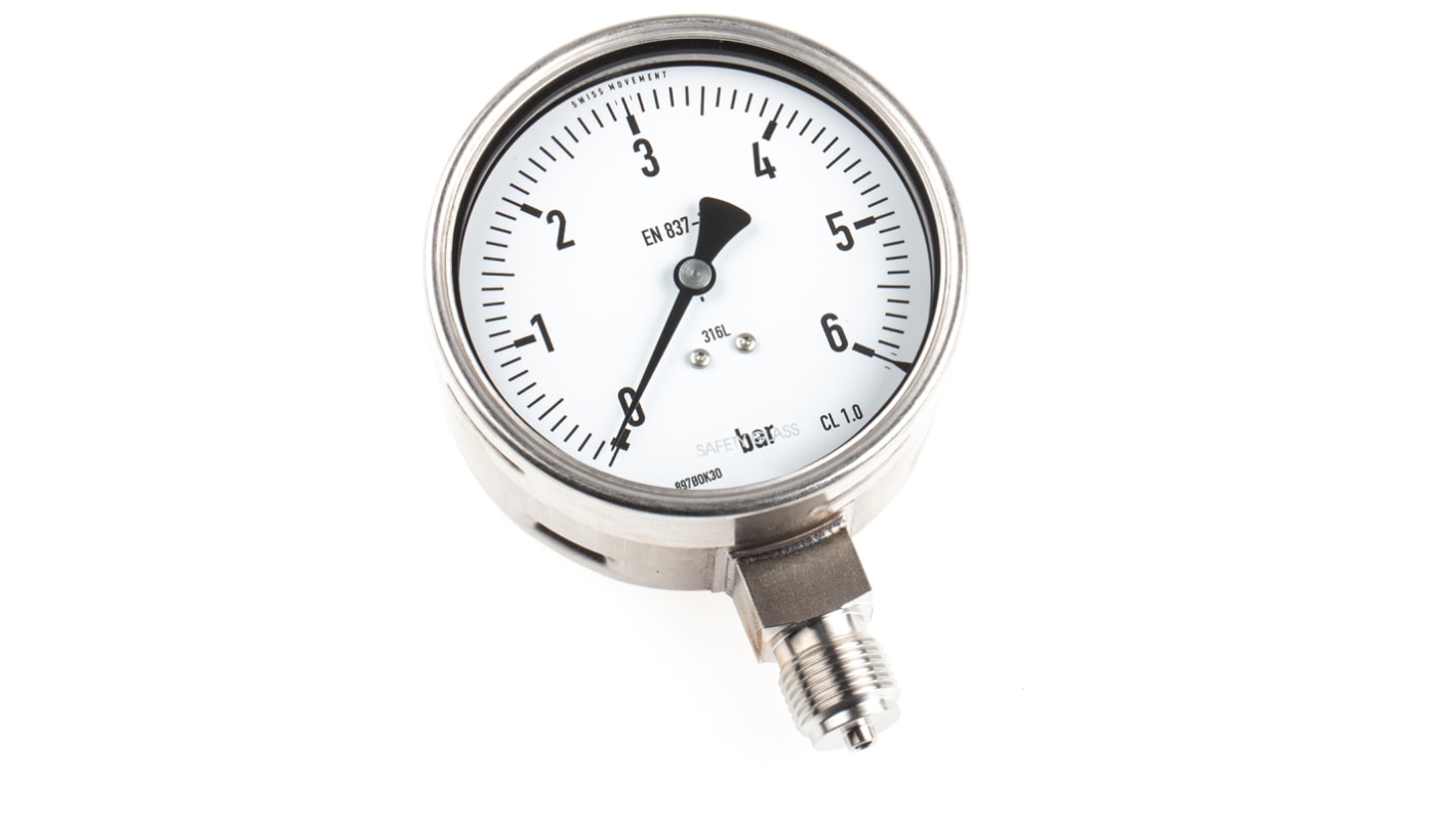 RS PRO Analogue Pressure Gauge 6bar Bottom Entry, 0bar min.