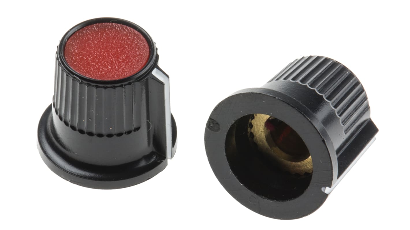 RS PRO 12mm Black, Red Potentiometer Knob for 4mm Shaft Splined