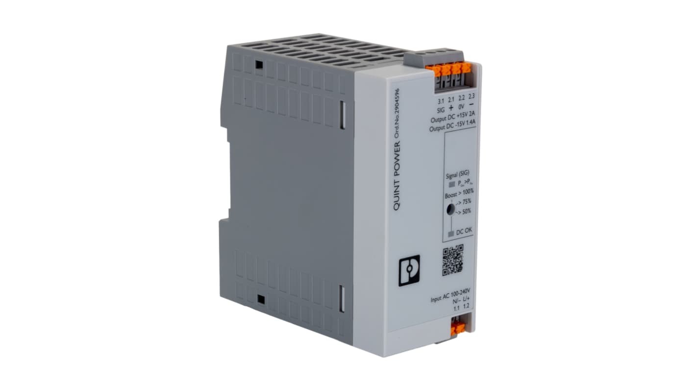 Phoenix Contact 开关模式导轨电源, 15V 直流 2A输出, 100W, 240V 交流输入, 单相, QUINT POWER系列, QUINT4-PS/1AC/2X15DC/2/PT