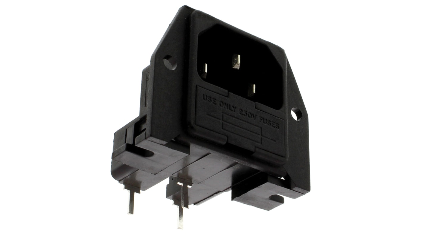 Bulgin C14 Right Angle Panel Mount, PCB Mount IEC Connector Male, 10A, 250 V, Fuse Size 5 x 20mm