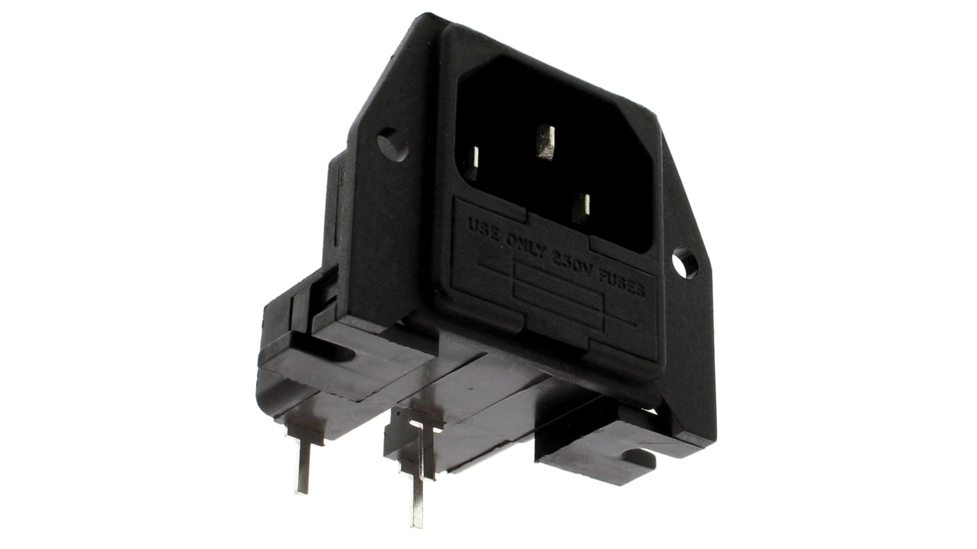 Conector IEC C14 macho Bulgin, acodado, Montaje en panel, montaje en PCB, 250 V, 10A, con 2 fusibles de 5 x 20mm