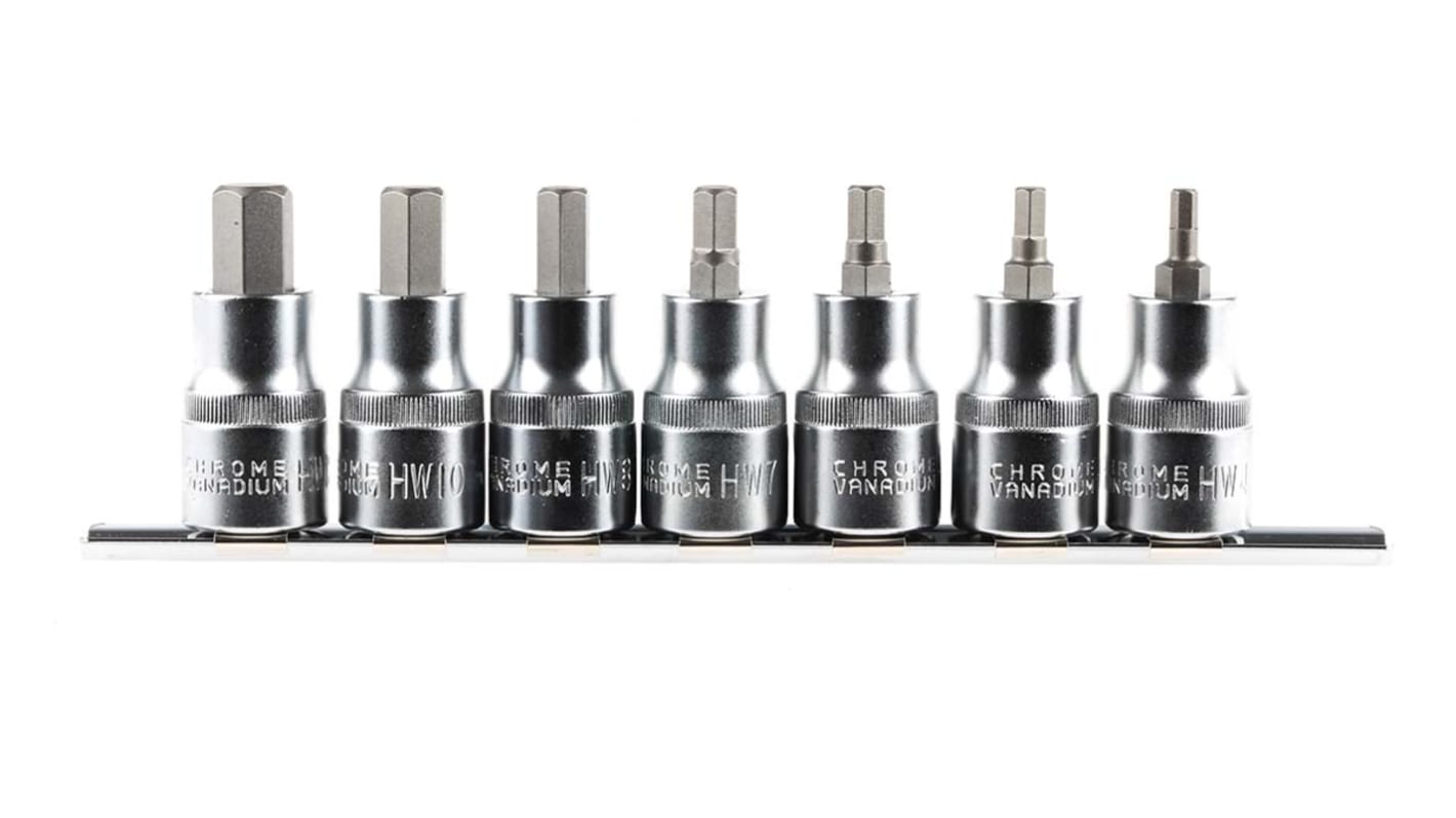 RS PRO HEX 4 → 12mm六角头套筒头套装, 公制, 7件装, 1/2 in驱动头, 铬钒钢制