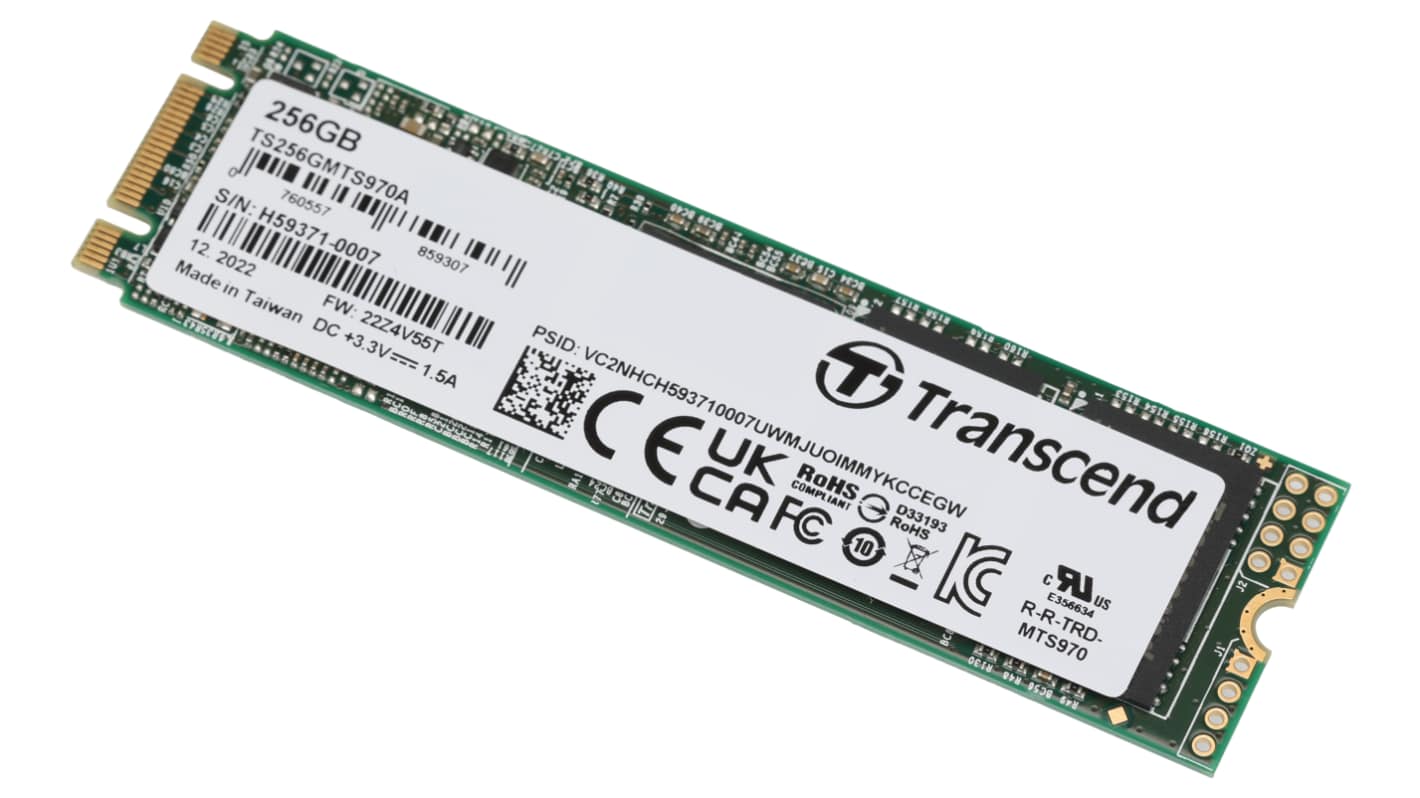 Transcend MTS970 A, M.2 (2280) Intern SSD SATA III 6 Gb/S Industrieausführung, 3D, 256 GB, SSD, AES