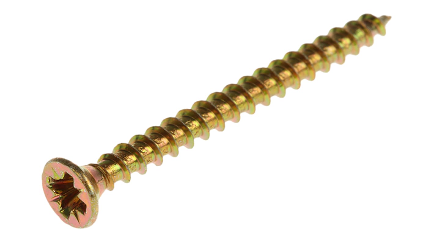 RS PRO Pozidriv Countersunk Steel Wood Screw, Yellow Passivated, Zinc Plated, 3.5mm Thread, 40mm Length