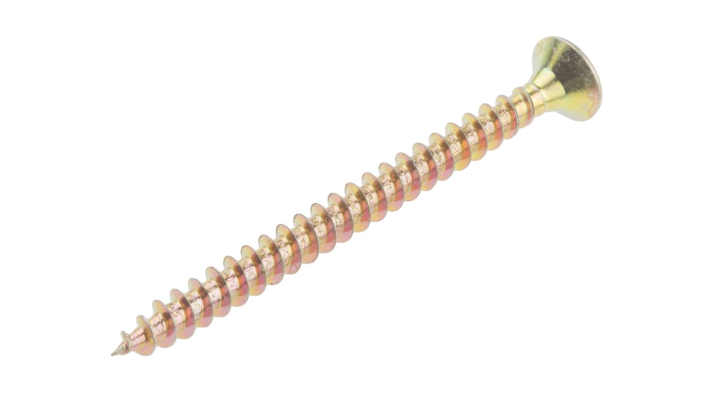 RS PRO Pozidriv Countersunk Steel Wood Screw, Yellow Passivated, Zinc Plated, 4mm Thread, 50mm Length