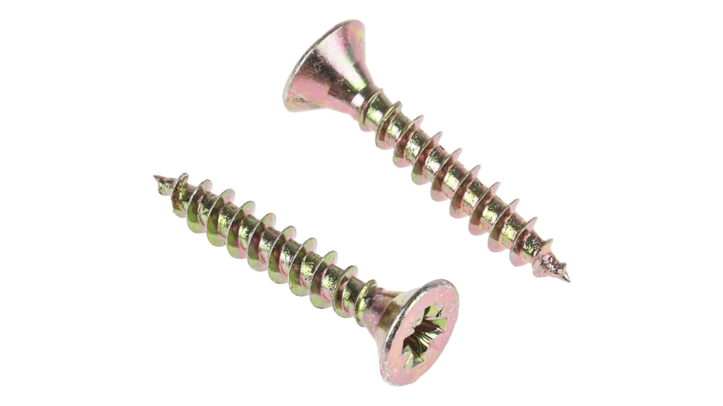 RS PRO Pozidriv Countersunk Steel Wood Screw, Yellow Passivated, Zinc Plated, 5mm Thread, 30mm Length