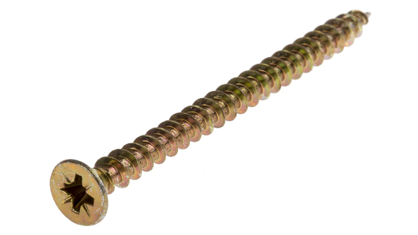 RS PRO Pozidriv Countersunk Steel Wood Screw, Yellow Passivated, Zinc Plated, 5mm Thread, 70mm Length
