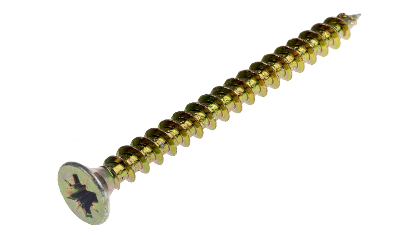 RS PRO Pozidriv Countersunk Steel Wood Screw, Yellow Passivated, Zinc Plated, 6mm Thread, 70mm Length