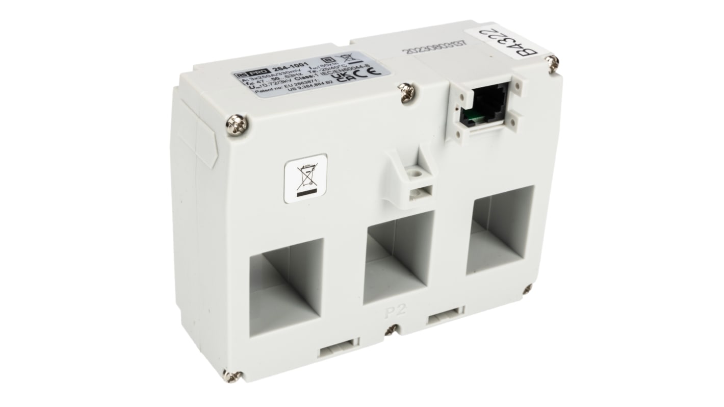 RS PRO DIN Rail Mounted Current Transformer, 250A Input, 3 x 250A, 330 mV Output, 25 x 21mm Bore, 330 mV