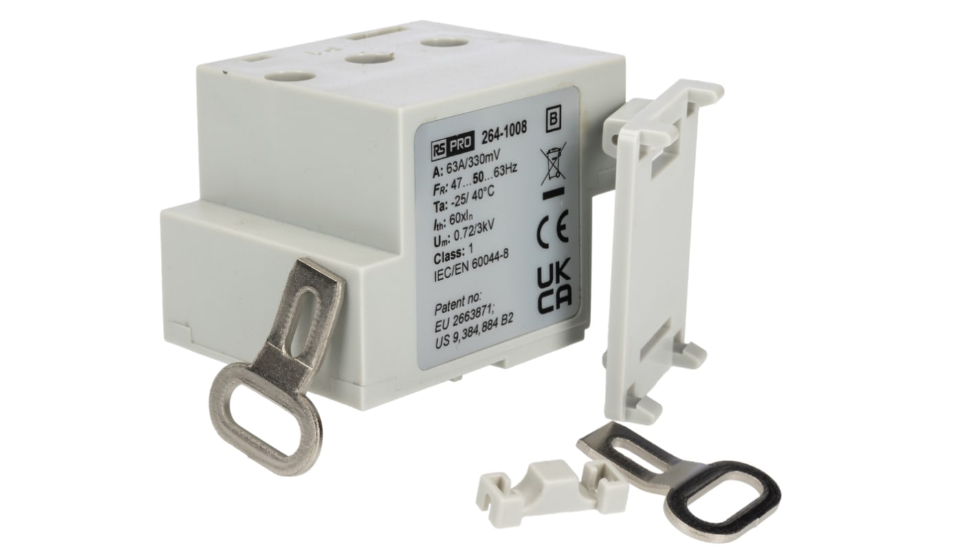 RS PRO Current Transformer Current Transformer, 63A Input, 3 x 63A, 330 mV Output, 8mm Bore, 330 MV