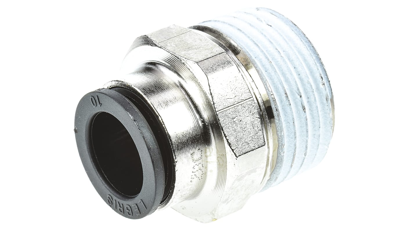 Legris LF3000 R1/2 Stecker x 10-mm-Steckanschluss Gerader Gewindeadapter, Gewinde-zu-Rohr, Messing vernickelt, R1/2