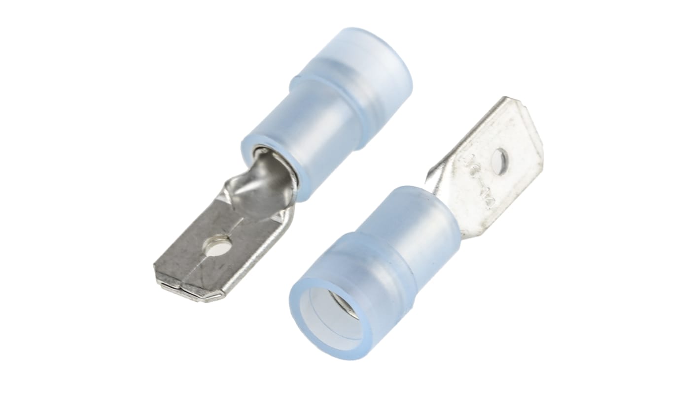 RS PRO Blue Insulated Male Spade Connector, Double Crimp, 0.8 x 6.35mm Tab Size, 1.5mm² to 2.5mm²