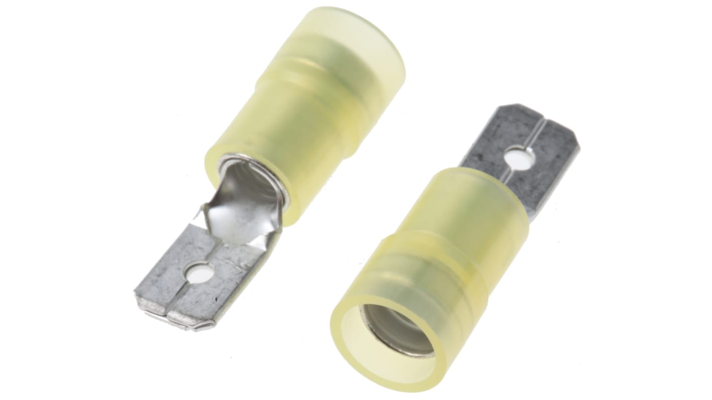 RS PRO Yellow Insulated Male Spade Connector, Double Crimp, 0.8 x 6.35mm Tab Size, 4mm² to 6mm²