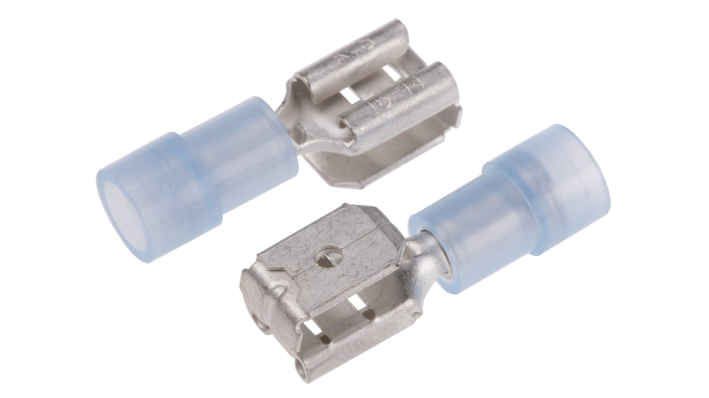 RS PRO Blue Insulated Male to Female Spade Connector, Double Crimp, 6.35 x 0.8mm Tab Size, 1.5mm² to 2.5mm²