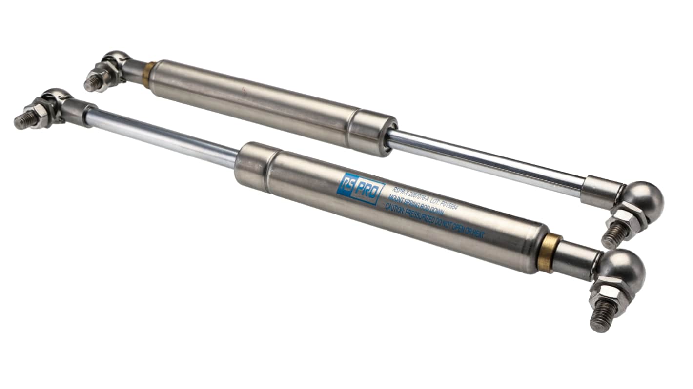 RS PRO Stainless Steel Gas Struts, with Ball & Socket Joint, 305.0mm Extended Length, 100.0mm Stroke Length