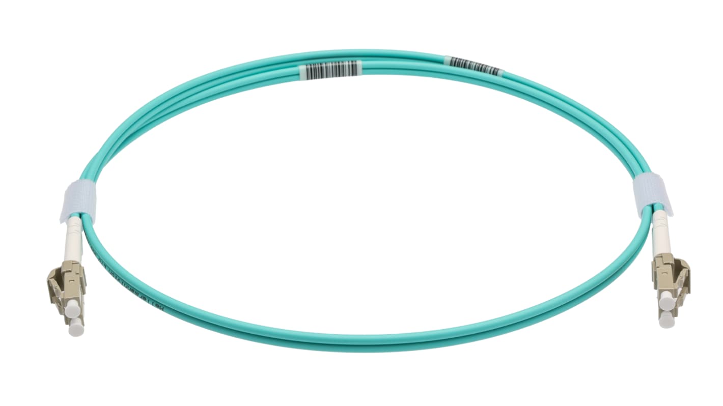 HellermannTyton Connectivity LC to LC Tight Buffer OM3 Multi Mode OM3 Fibre Optic Cable, 3mm, Light Blue, 1m