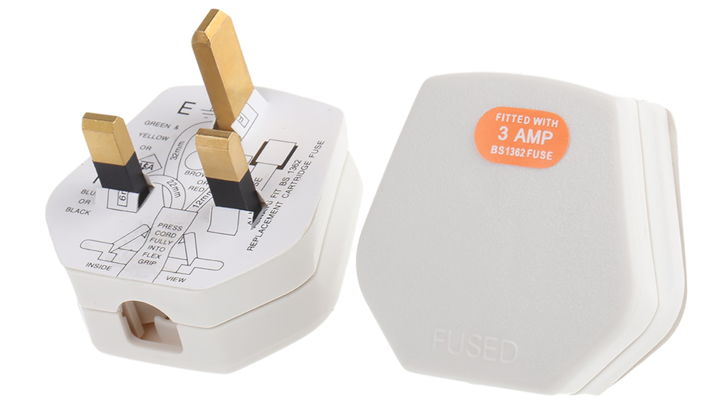 RS PRO UK Mains Plug, 3A White, Cable Mount Thermoplastic, 250 V