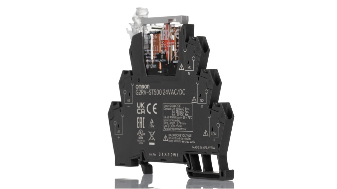 Omron G2RV-ST Series Electromechanical Interface Relay, DIN Rail Mount, 24V ac/dc Coil, SPDT, 1-Pole, 6A Load