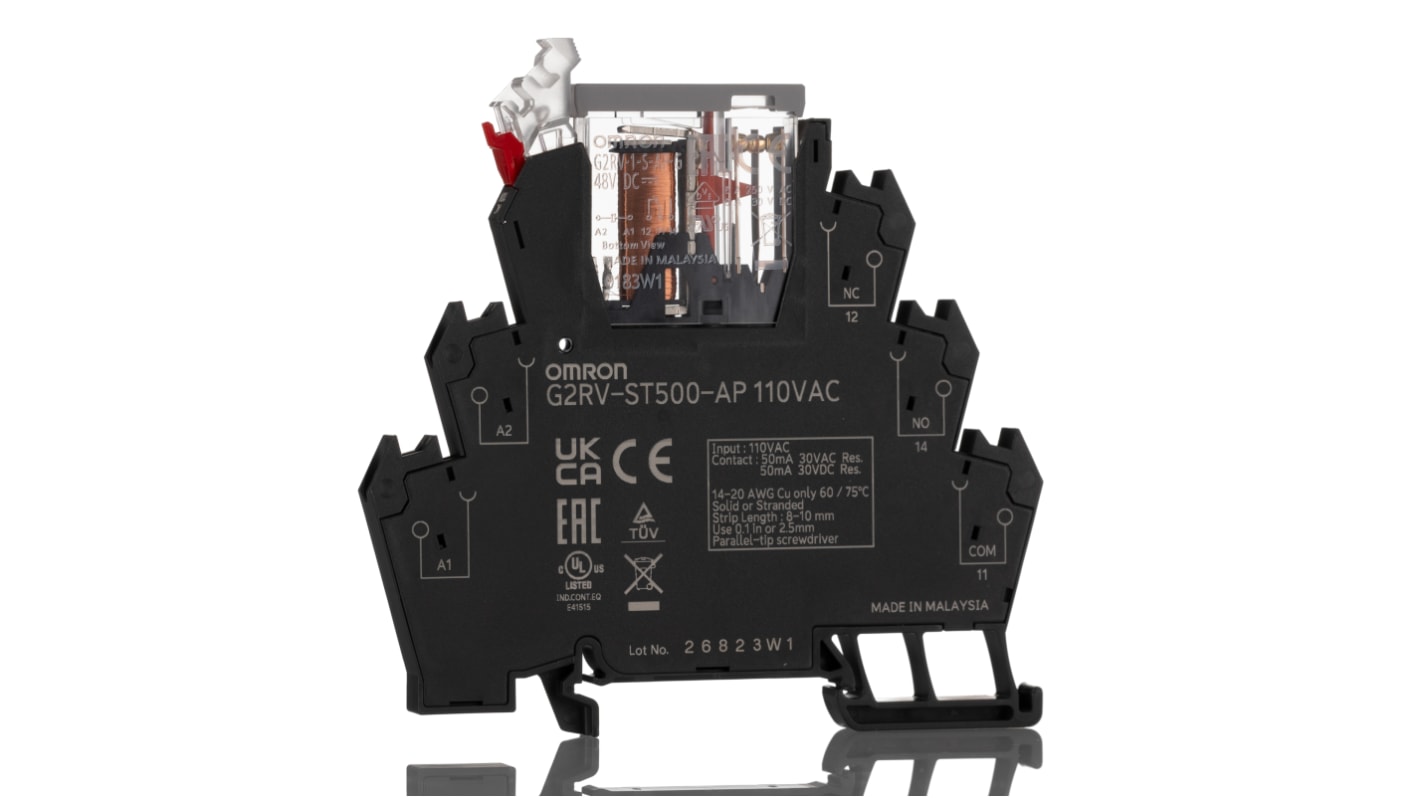 Omron G2RV-ST Series Electromechanical Interface Relay, DIN Rail Mount, 110V ac Coil, SPDT, 1-Pole, 50mA Load