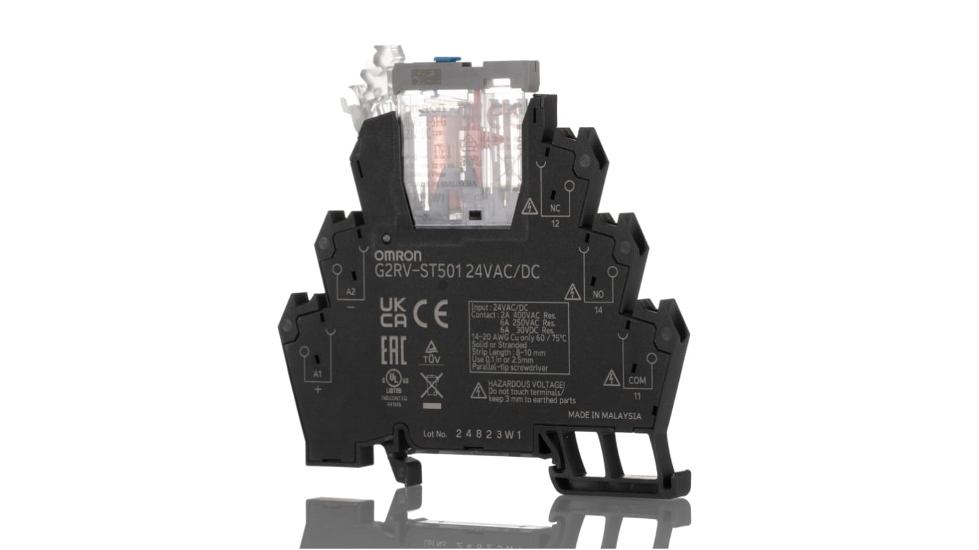 Relè di interfaccia elettromeccanici Omron serie G2RV-ST, bobina 24V ca/cc, Guida DIN, contatti SPDT