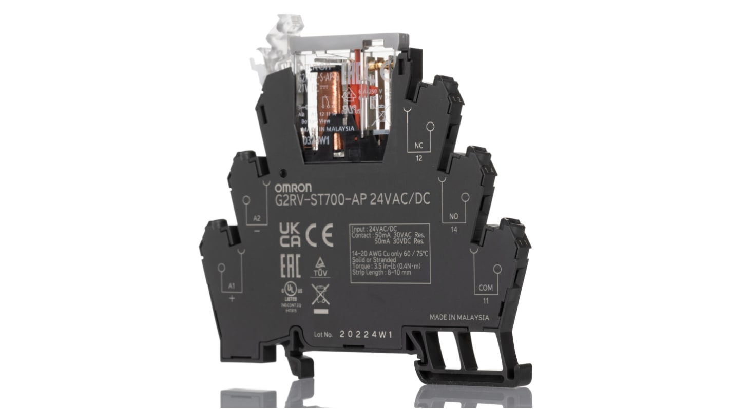 Omron G2RV-ST Series Electromechanical Interface Relay, DIN Rail Mount, 24V ac/dc Coil, SPDT, 1-Pole, 50mA Load