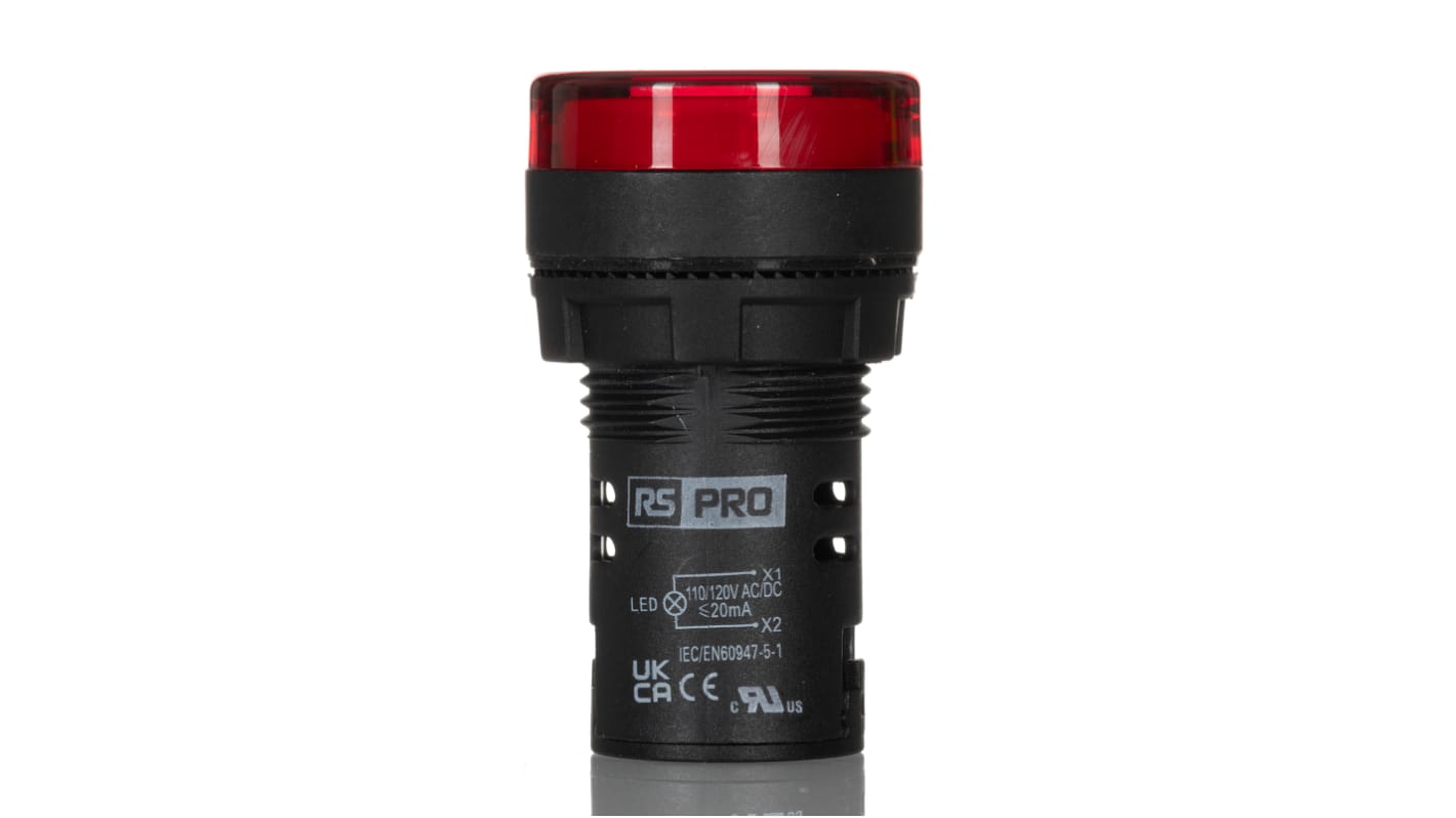 RS PRO, Panel Mount Red LED Pilot Light, 22mm Cutout, IP65, Round, 110V ac/dc