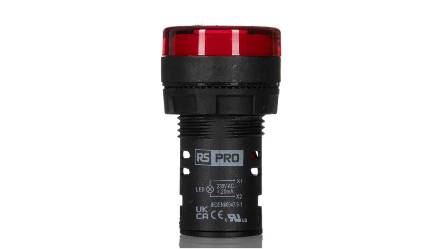 RS PRO Leuchtmelder, 230V ac Rot, Ausschnitt-Ø 22mm LED Tafelmontage IP 65