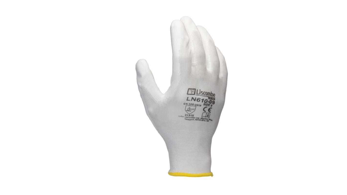 RS PRO White Polyamide Good Dexterity Work Gloves, Size 9, Large, Polyurethane Coating