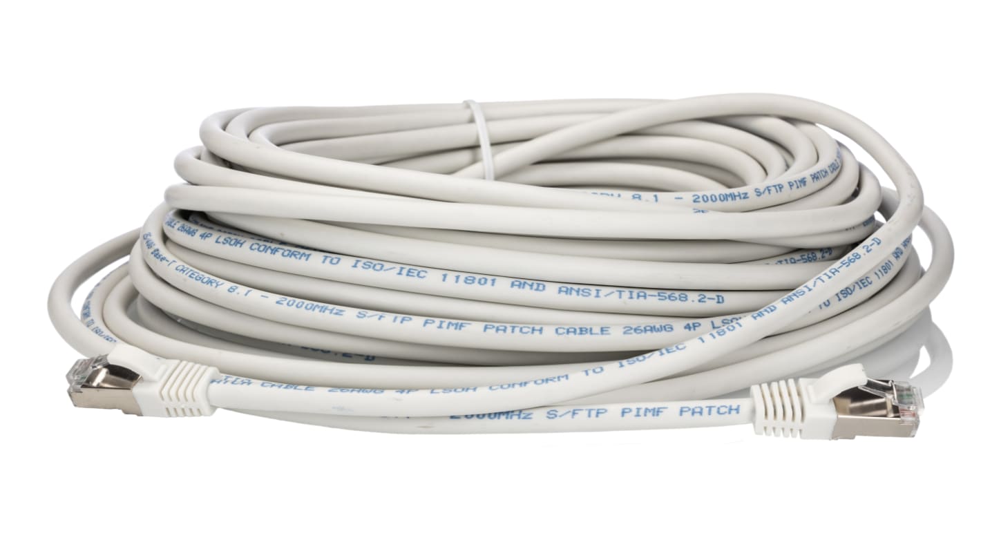 RS PRO, 20m Cat8, White RJ45 to Male RJ45 Male, S/FTP, Terminated LSZH Sheath