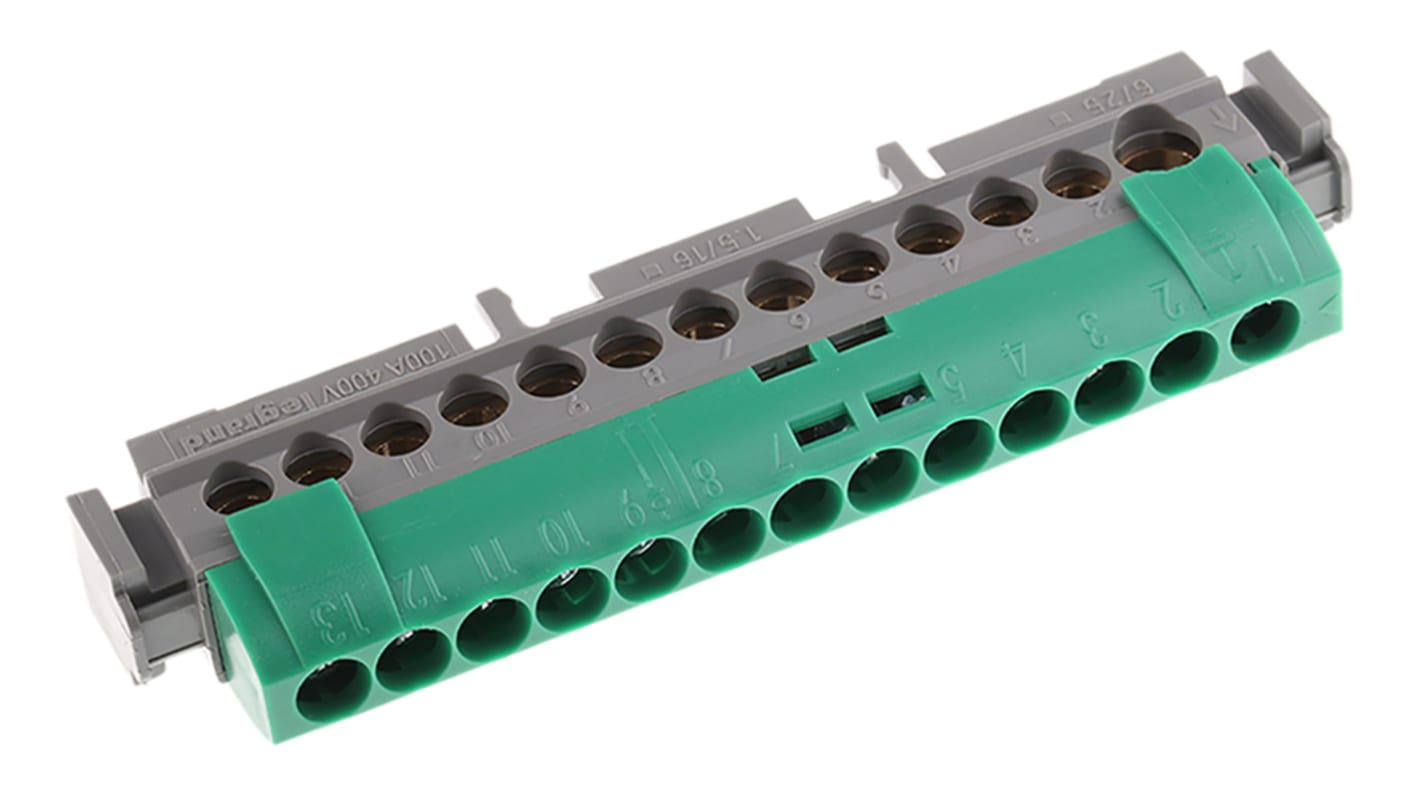 Legrand Distribution Block, 13 Way, 1.5 → 16 mm², 6 → 25 mm², 100A, 400 V ac, Green