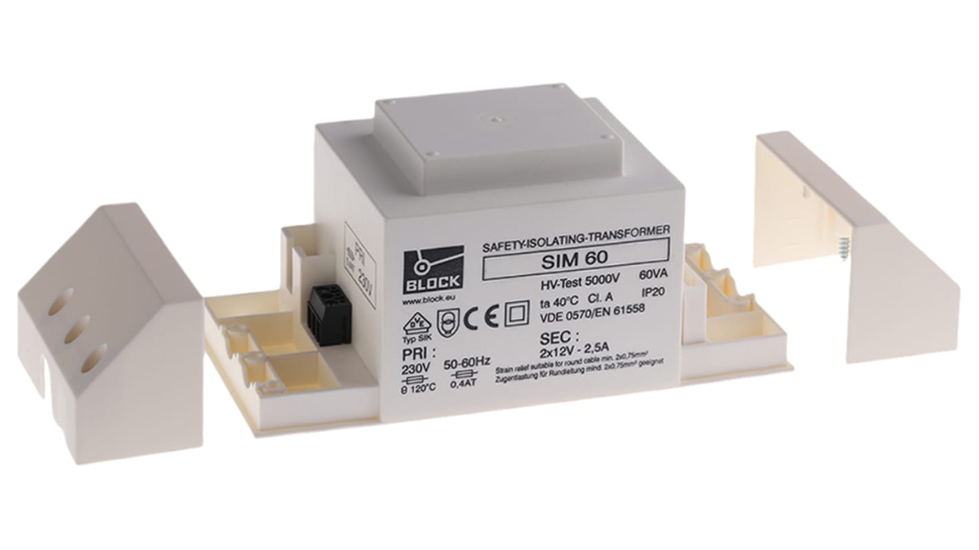 Transformator do zabudowy Napięcie wtórne 2 x 12V ac 60VA Napięcie pierwotne 230V ac 2-wyjściowy Block