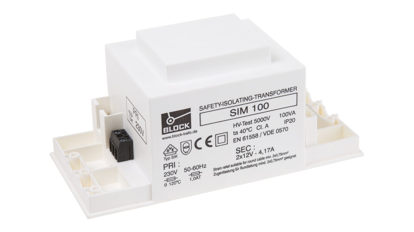 Block 100VA隔离变压器, 初级230V 交流, 次级2 x 12V 交流, 2输出, 面板式