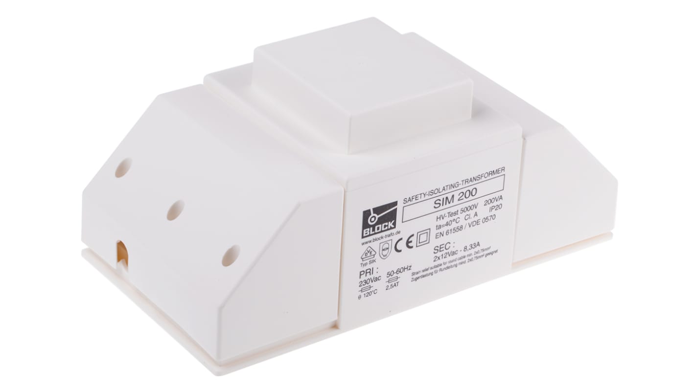 Transformator do zabudowy Napięcie wtórne 2 x 12V ac 200VA Napięcie pierwotne 230V ac 2-wyjściowy Block