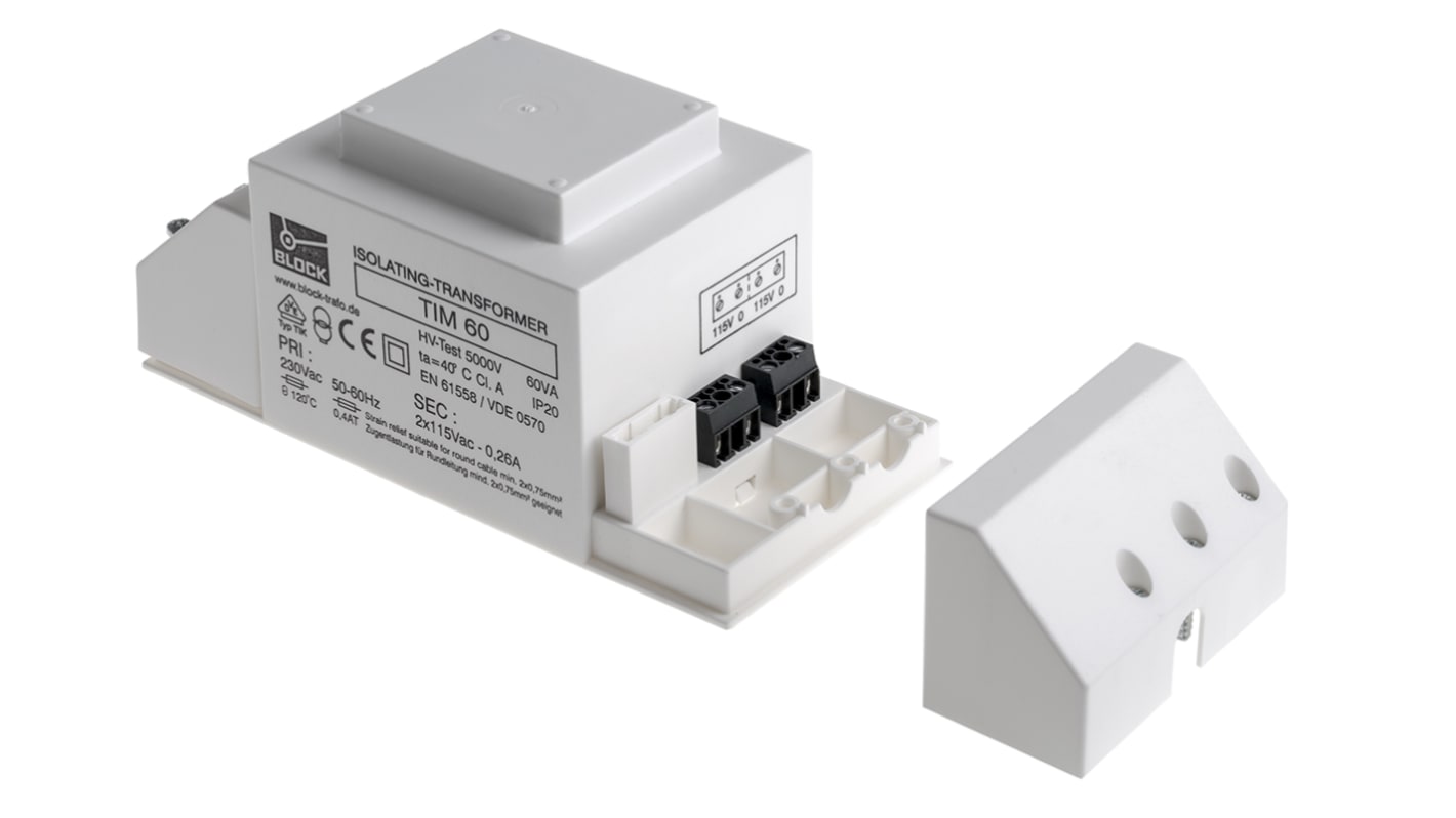 Transformator do zabudowy Napięcie wtórne 2 x 115V ac 60VA Napięcie pierwotne 230V 2-wyjściowy Block